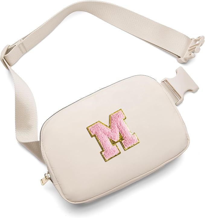 Gitus Belt Bag Fanny Pack Crossbody Bags with Initial Letter Patch Cute Stuff Birthday Gifts for Teenager Girls Trendy Preppy Stuff for Teen Girls(Beige-M)