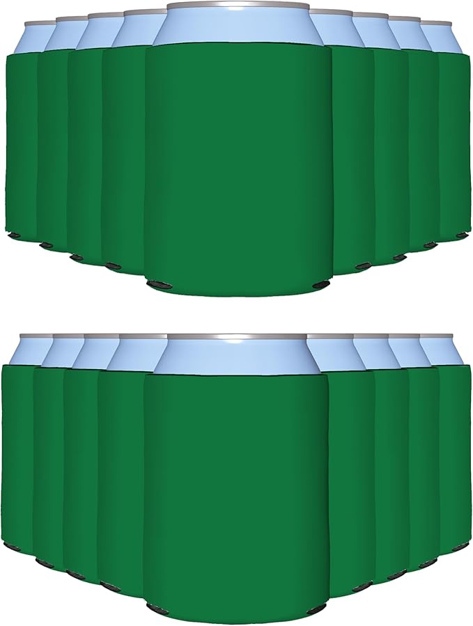 PartyPrints 25 Pack Kelly Green Blank Can Cooler Sleeves, Customizable Bulk Insulated Foam for Beer, Collapsible Plain Drink Holder, Cold Soda Insulator, 12oz Regular, 16oz Tall Cans