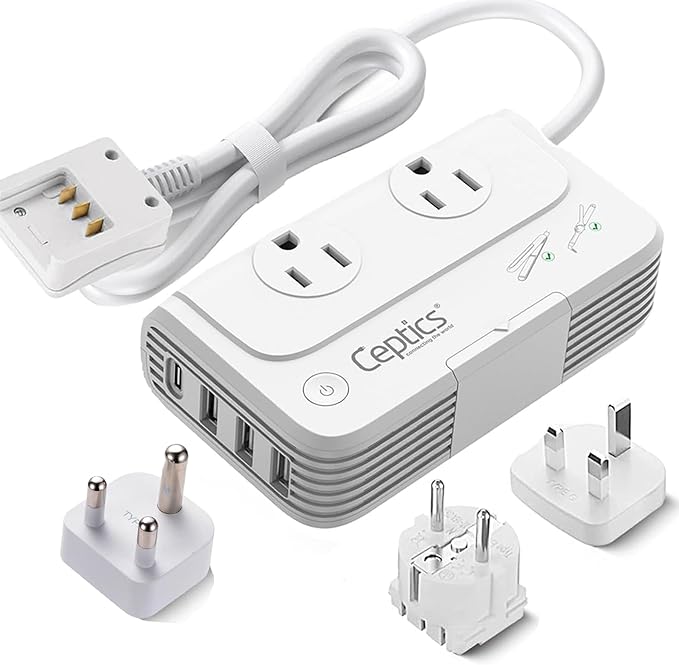 Ceptics South Africa Voltage Converter - 200W Convert 220V to 110V for Devices Like Curling Iron, Straightener, Chargers, Step Down World Power Plug 4 USB PD 18W Fast Charging Type M, G, E/F