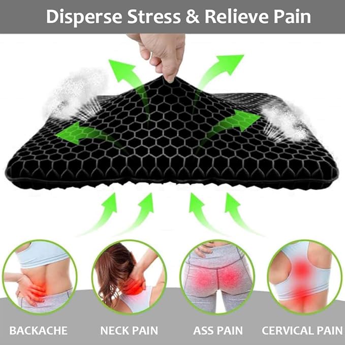 Gel Seat Cushion for Long Sitting Pressure Relief - Wheelchair Cushions for Pressure Sores - Coccyx, Sciatica & Tailbone Pain Relief Cushion - Non-Slip Butt Pillow for Office, Home, Car (Black)