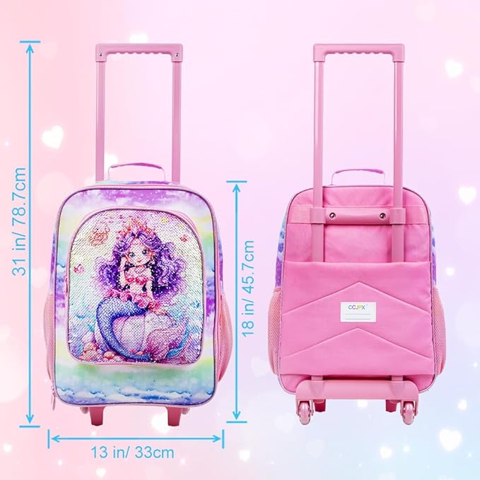Girls Suitcase, Kids Sequins Rolling Luggage, Cute Mermaid Travel Carry on for Elementary Preschool Toddler