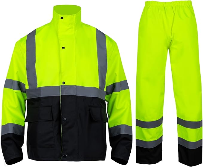 VENDACE Class 3 High Visibility Rain Suits,Rain Gear for Men Yellow/Lime Reflective Hi Vis Safety Rain Work Jacket,Pants