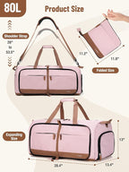 Lekesky Foldable Travel Duffel Bag for Women, 80L Large Duffle Bag with Separate Shoes Compartments & Straps, Carry On Weekend Bag for Women, Hospital, Overnight(Pink)
