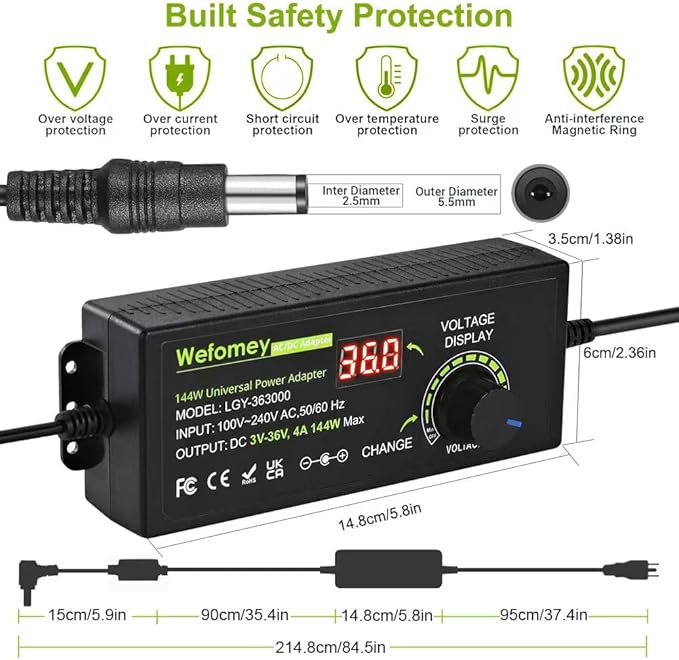 Universal Power Supply 3V~36V 4A 144W Adjustable Variable 3V 5V 6V 9V 12V 15V 18V 20V 24V 30V 36V Switching AC/DC Adapter Charger, 100V-240V AC to DC Converter with 14 Tips, Polarity Converter