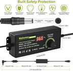 Universal Power Supply 3V~36V 4A 144W Adjustable Variable 3V 5V 9V 12V 24V 30V 36V AC/DC Adapter Charger, 100V-240V AC to DC Converter with 14 Tips, Polarity Converter and 4-Way Power Splitter Cable