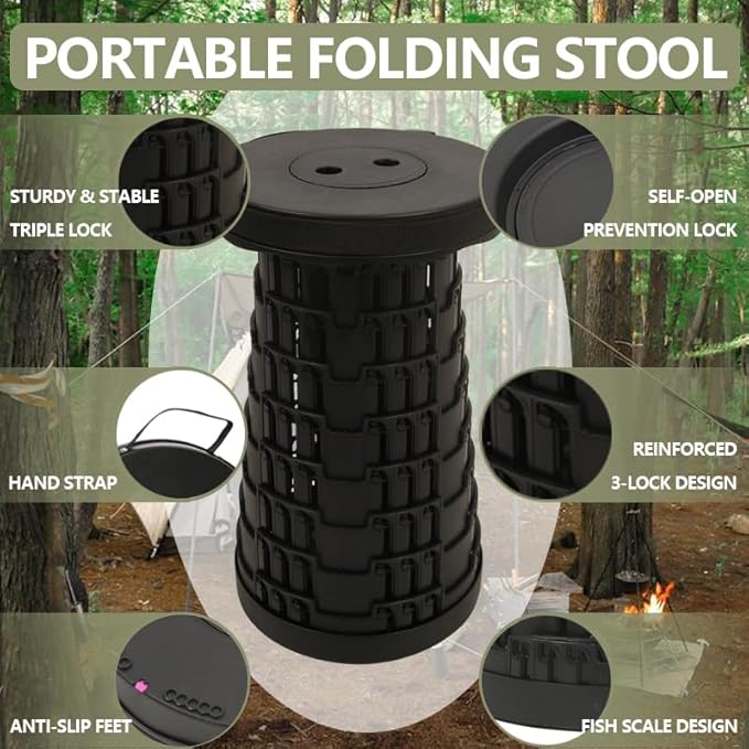 JAEMEYEM 2 PCS Upgraded Collapsible Stool Chair, Max 660lb Folding Stool, Lightweight, Sturdy, Adjustable, Portable, Foldable Seat Stools for Outdoor Camping Fishing Hiking BBQ