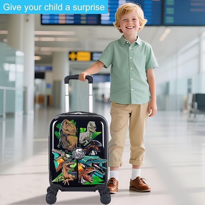 5Pcs Kids Luggage Set, 16" Boys Travel Suitcase with Spinner Wheels, Dinosaur Hardside Carry on Toddler Rolling Suitcase Airline Approved（Black）