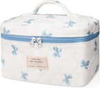 Gosect Large Makeup Bag, Cute Cosmetic Bag for Women Girls, Floral Coquette Aesthetic Toiletry Bag, Travel Make Up Organizer Bag (White Blue Butterfly Flower)