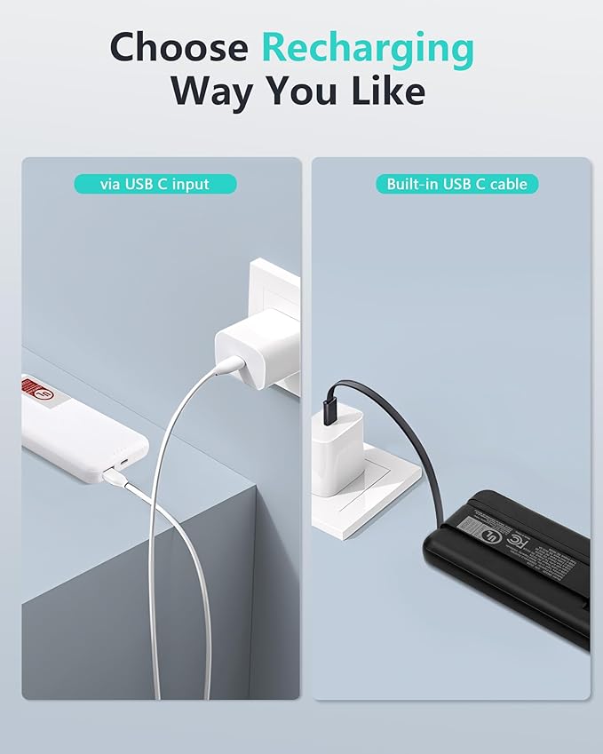 Miady [UL Listed] 2-Pack Portable Charger, 10000mAh Slim Power Bank Built-in 2 Cables Lightweight Travel Battery Pack 3 Outputs 2 Inputs Compatible with iPhone 17/16/15/14/13 Galaxy S24/S22 iPad etc