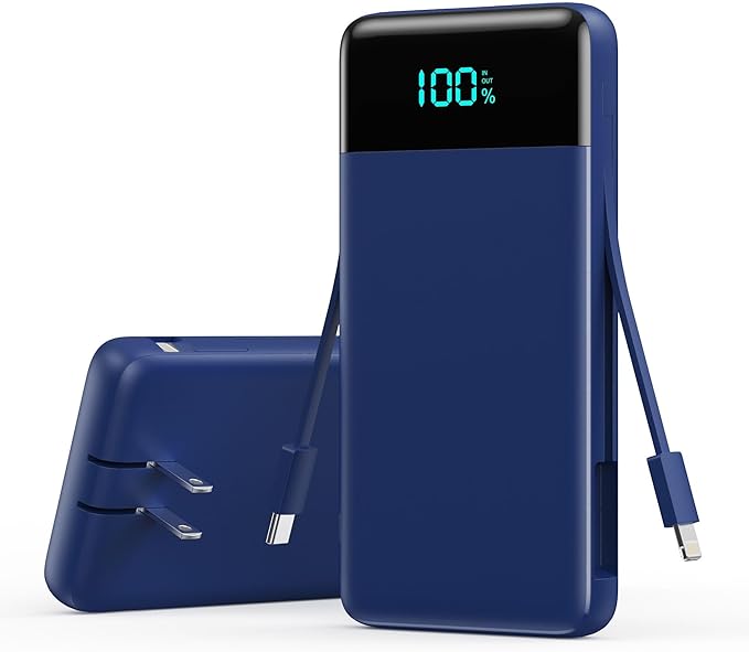 Portable Charger with Built-in AC Plug and Cables,13800mAh All in One USB C Fast Charging Power Bank,Travel Essentials Portable Phone Charger Battery Pack for iPhone 17/16/14,Galaxy,Android-Dark Blue