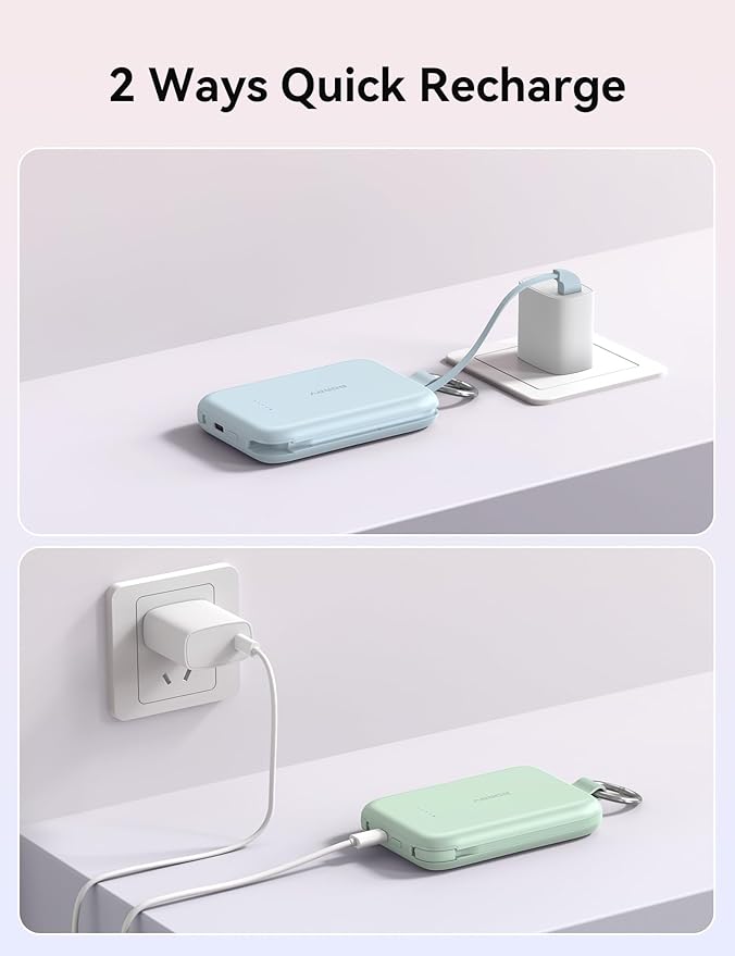 RORRY CharmGo Portable Charger, 10000mAh PD 30W Fast Charging Portable Charger Power Bank with Built-in Cables, Travel Keychain Charger Battery Pack for iPhone 17/16/15, for AirPods 2/3/4/Pro, Blue