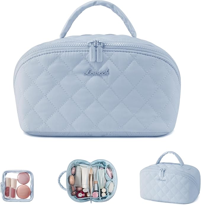 LOVEVOOK Travel Makeup Bag for Women, 2Pcs Puffer Waterproof Cosmetic Organizer, Large Capacity Pouch Open Flat Small Toiletry Bag with Brush Compartment & Handle (Blue, Large)