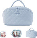 LOVEVOOK Travel Makeup Bag for Women, 2Pcs Puffer Waterproof Cosmetic Organizer, Large Capacity Pouch Open Flat Small Toiletry Bag with Brush Compartment & Handle (Blue, Large)