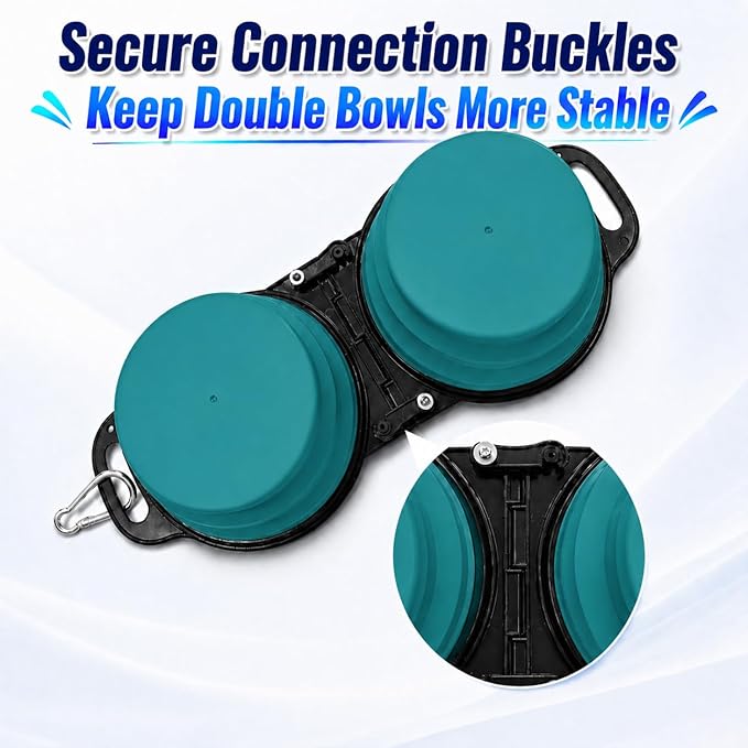 Collapsible Dog Bowls with Carabiner, Double Portable Travel Pet Bowls for Food and Water, Foldable Silicone Dog Bowl for Walking, Hiking, Camping, Small Medium Dogs and Cats, Teal