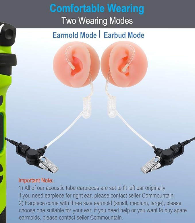 commountain 3.5mm Listen Only Earpiece Compatible with Speaker Mic, Acoustic Tube Receive Only Headset with 3 Earmolds, for Police Security and Law Enforcement Use