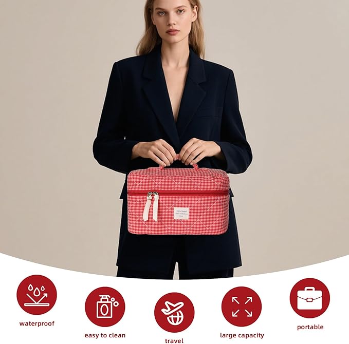 Gosect Large Makeup Bag, Cute Cosmetic Bag for Women Girls, Floral Coquette Aesthetic Toiletry Bag, Travel Make Up Organizer Bag(Red Checkered)