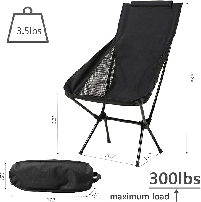 Wind Tour Portable Camping Chair Lightweight Foldable Outdoor Chair for Hiking Camp Backpacking Lawn Beach Fishing Picnic with Carry Bag (High-Back | Black)