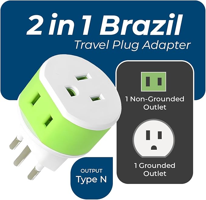 OREI Brazil Travel Plug Adapter with 2 USA Inputs - Travel 3 Pack - Type N (US-11C) Safe Grounded Use with Cell Phones, Laptop, Camera Chargers, CPAP, and More