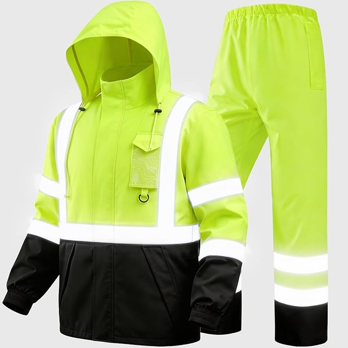 Hi Vis Class 3 Safety Rain Jacket for Men Waterproof, Reflective High Visibility Rain Gear Construction Rain Suit (Yellow-Black 2XL/3XL)