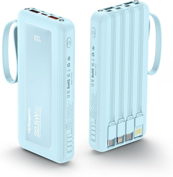 Portable Charger with Built in Cables, Slim 10000mAh Fast Charging 22.5W Power Bank USB C LED Display Battery Pack 6 Outputs & 2 Inputs for iPhone Samsung Pixel LG Moto iPad