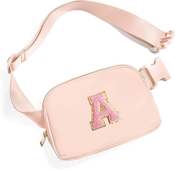 Gitus 6 7 8 9 10 Year Old Girl Gifts Belt Bag Fanny Pack Crossbody Bags with Initial Letter Patch Things for Teen Girls Easter Gifts for Girls Travel Essentials（Coral Pink-A）