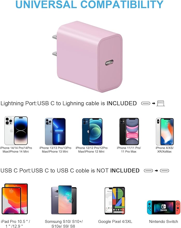 iPhone 14 13 12 Fast Charger 20W PD USB C Wall Charger with 6FT Fast Charging Cable for iPhone 14/14 Pro/14 Pro Max/14 Plus/13/12/11/Pro/Pro Max/Mini/Xs Max/X, iPad - Pink