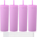 Volhoply 20oz Plastic Skinny Tumblers Bulk 4 Pack,Double Wall Tumbler with Lid and Straw,Reusable Travel Iced Coffee Mug,BPA Free Matte Acrylic Water Cups with Straw for Party,DIY Gift(Purple,4 Set)