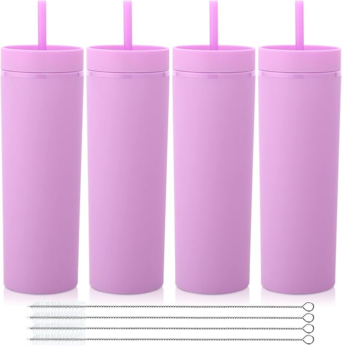 Volhoply 20oz Plastic Skinny Tumblers Bulk 4 Pack,Double Wall Tumbler with Lid and Straw,Reusable Travel Iced Coffee Mug,BPA Free Matte Acrylic Water Cups with Straw for Party,DIY Gift(Purple,4 Set)