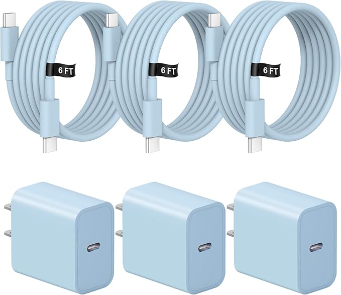 iPhone 17 16 15 Charger Fast Charging 3 Pack USB C Charger Block Type C Chargers 6FT Cord Wall Chargers Compatible with iPhone Air/17/17 Plus/17 Pro/17 Pro Max/16/16 Plus/16 Pro/16 Pro(Blue)