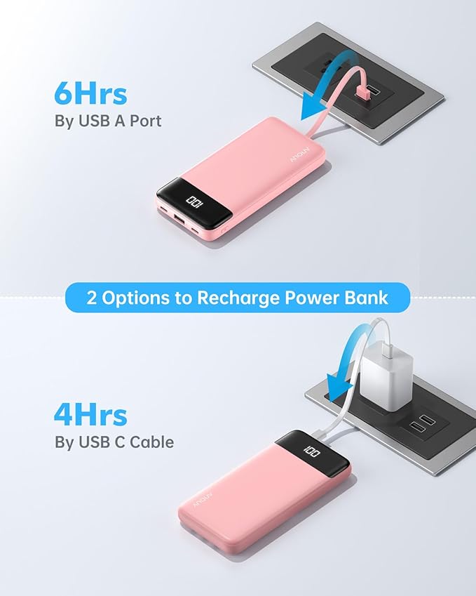 Portable Charger with Built-in Cables 10000mAh Power Bank with Cords, Slim Battery Pack with LED Display, Travel Essential Portable Charger for iPhone 17/16/15/14 Series, Android Samsung Google Pixel