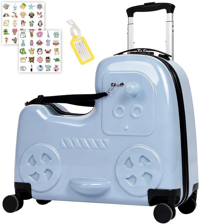 smilesun 22" Kids Ride-On Suitcase with Safety Strap, Multifunctional Kids' Luggage with Double Spinner Wheels, Durable and Lightweight for Boys and Girls Ages 2-10 (Blue, 22-inch)