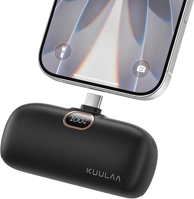 Kuulaa Portable Phone Charger with Built-in USB-C Plug, 5000mAh Mini Portable Charger Power Bank Small Battery Pack for iPhone 15/16/17 Samsung S24/S23 & Android (Black)