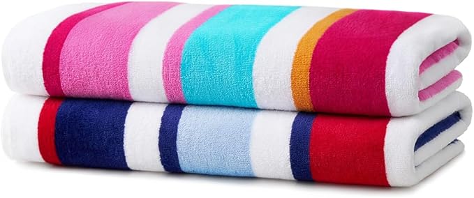 Kaufman - Joey Velour Colored Classic Multi-Color Stripe Beach & Pool Towel - Large 100% Combed Cotton Beach Towel - Soft & Absorbent Colorful Towels - 30" x 60" (2-Pack)
