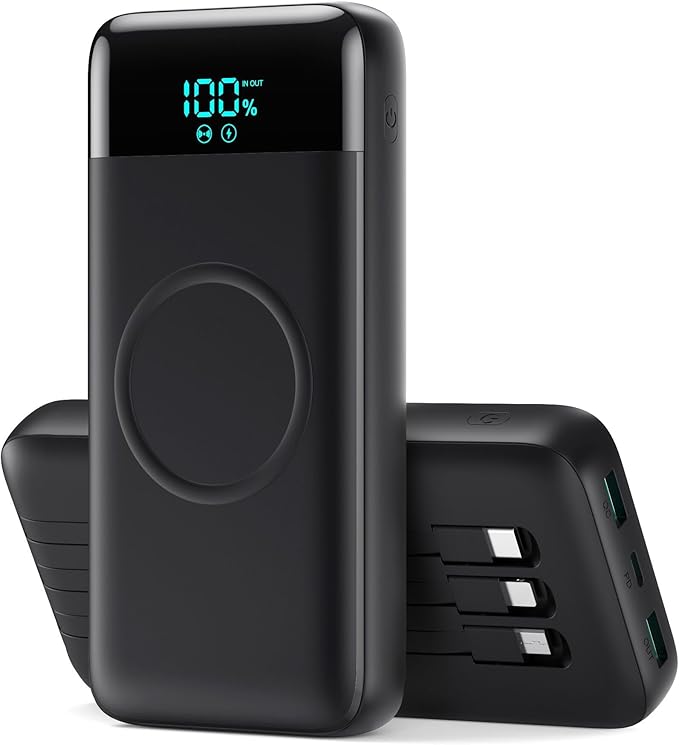 Wireless Portable Charger 40800mAh with 3 Built-in Cables,7-in-1 15W Wireless Charging Power Bank,25W PD QC 4.0 Fast Charging USB C Travel Essentials Battery Pack for iPhone 17/16/15/14,Galaxy,Android