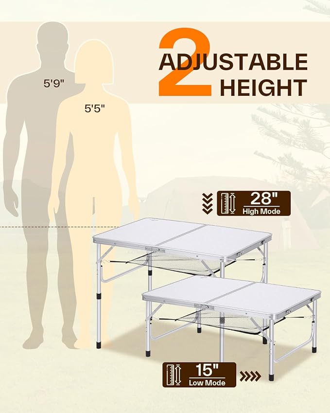 Sportneer Camping Table: Adjustable Height Small Folding Table 35.4" L x 23.6" W 2 Height with Mesh Layer - Compact & Portable Camping Essentials for Outdoor Camp Garden Picnic BBQ Dining Cooking