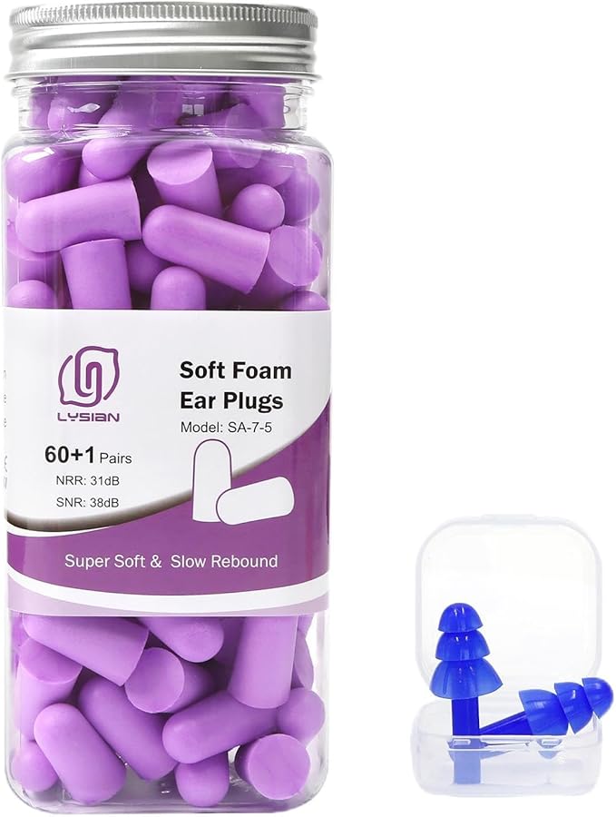 LYSIAN Ultra Soft Foam Earplugs for Sleeping, 38dB SNR Noise Reduction Ear Plugs for Snoring, Shooting, Study, Work and Travel, 60 Pairs, Purple