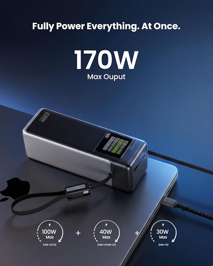 sharge Laptop Power Bank 25000mAh, HyperTower 170W Total Fast Charging Portable Charger, 100W Power Bank with Built-in Cables, High Capacity Travel Essentials Battery Pack for MacBook, iPhone17