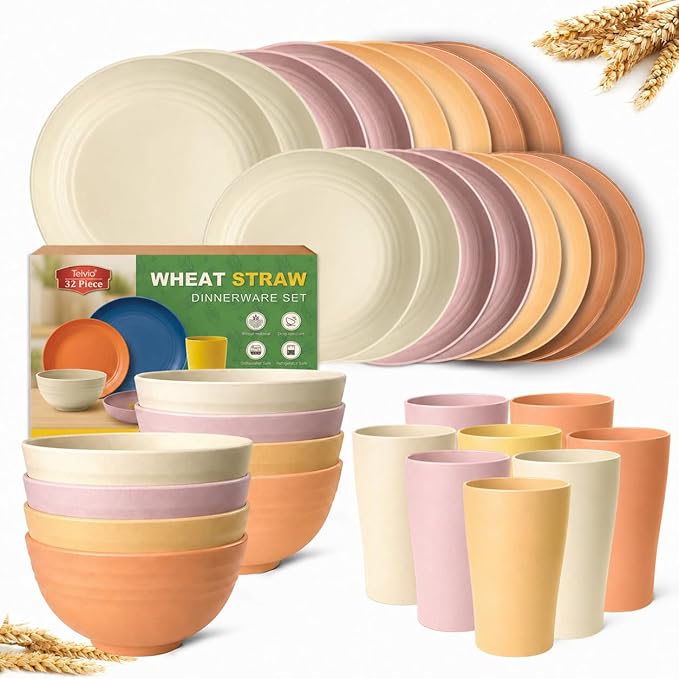 Teivio 32-Piece Wheat Straw Dinnerware Sets for 8, Dinner Plates, Dessert Plate, Cereal Bowls, Cups 13.5oz, Unbreakable Colorful Plastic Outdoor Camping RV Kitchen Essentials Dishes, Pink Ombre