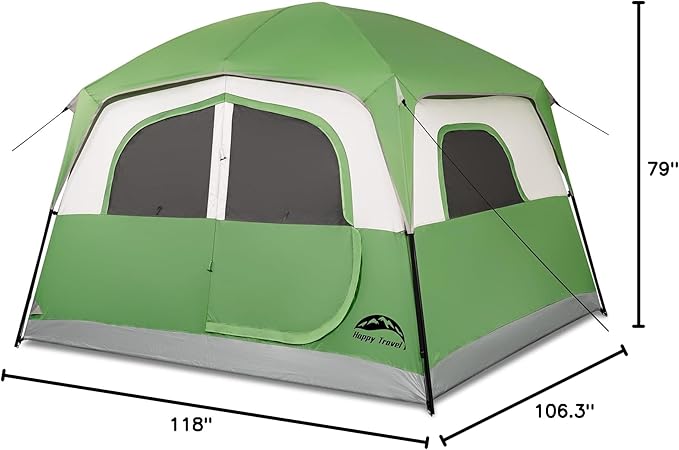 Happy Travel Tent 6 Person Tents for Camping, Waterproof Easy Setup Camping Tent with Rainfly, Portable Large Family Cabin Tent with 5 Large Mesh Windows and Carry Bag for Outdoor Camping & Hiking
