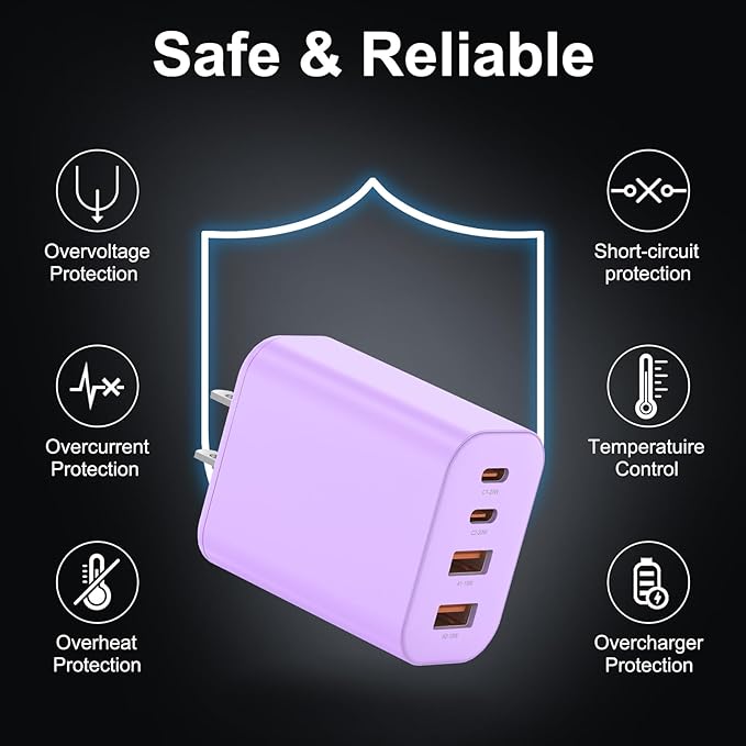 USB C Charger Block, 3-Pack 40W Wall Plug Fast Charging Block, 4-Port PD + QC Power Adapter Type C Charging Blocks Cube, Compatible with iPhone 17/16/15/14/13/12/11/Pro Max, Tablets （Purple）