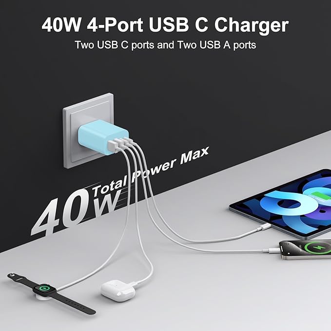 USB C Charger Block, 3-Pack 40W Wall Plug Fast Charging Block, 4-in-1 PD + QC Power Adapter Type C Charging Blocks Cube, Compatible with iPhone 17/16/15/14/13/12/11/Pro Max, Tablets（Blue）
