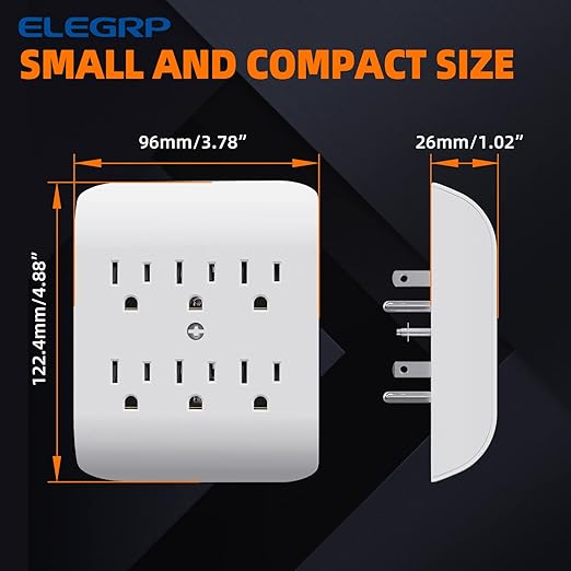 ELEGRP 6-Outlet Extender with Central Anchor, 3-Prong Grounded Wall Tab, Multiple Outlet Extender with 6 Electrical Outlets, ETL Listed, 2 Packs, White
