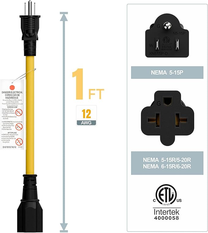 [4-in-1] 12AWG 15 Amp Household AC Plug to 20 Amp T Blade Adapter Cable, NEMA 5-15P to 5-15R/ 5-20R/ 6-15R/ 6-20R, 4 in 1 AC Adapter,15A 125V to 20A 250V Extension Cable, 1FT
