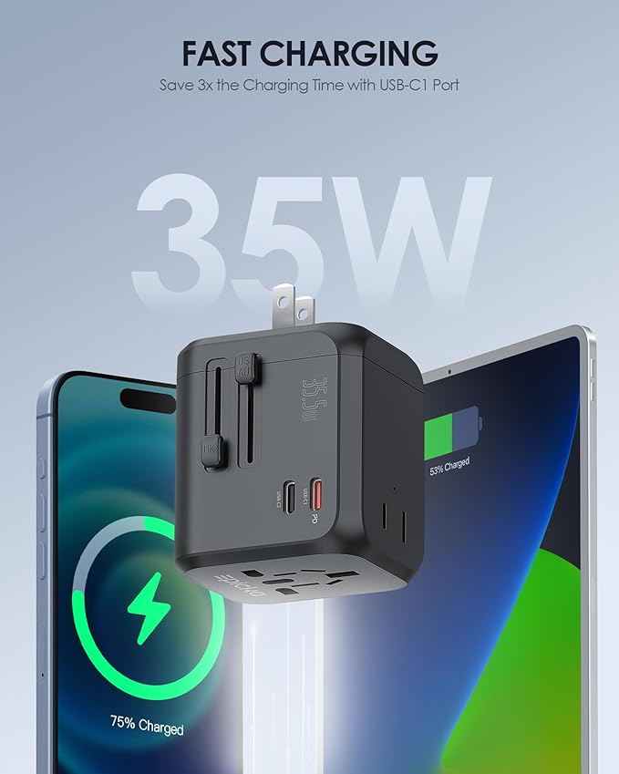 EPICKA 35W Universal Travel Adapter with 2 AC Outlet, European Travel Plug Adapter with PD Fast Charging, 6-Port (2 AC/2 USB-C/3 USB-A) International Power Adapter - Travel Essentials (TA-205, Black)