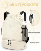 RHDZO Drawstring Backpack Gym Backpack with Shoe Compartment for Men Women String Sports Bag with Wet Pocket Cinch Swim Beach Bag, Large Beige