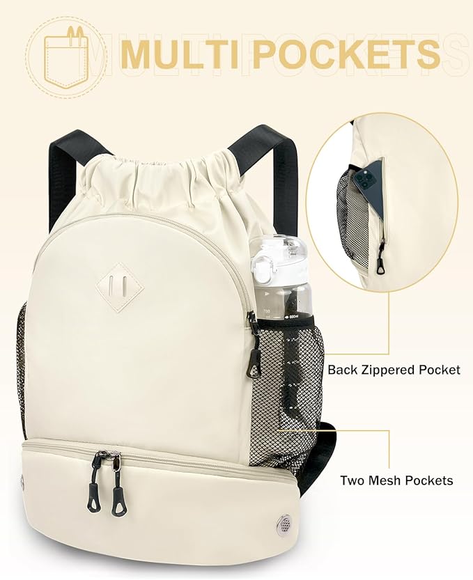 RHDZO Drawstring Backpack Gym Backpack with Shoe Compartment for Men Women String Sports Bag with Wet Pocket Cinch Swim Beach Bag, Large Beige