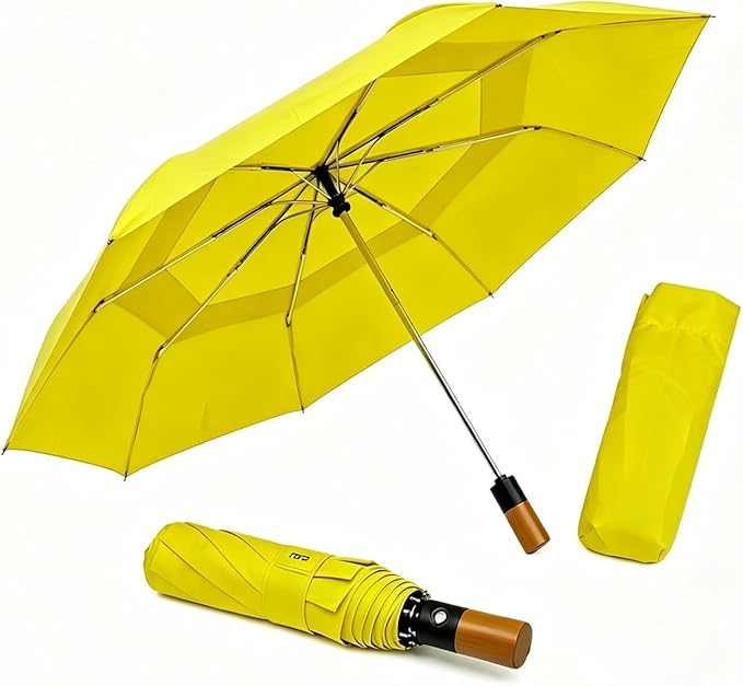 Strongest Windproof Golf Umbrella with Solid Wooden Handle - Extra Large Double Canopy Auto Folding Umbrella, Heavy Duty Portable Sun Rain Umbrella for Men Women, Fits Push Cart Car Backpack
