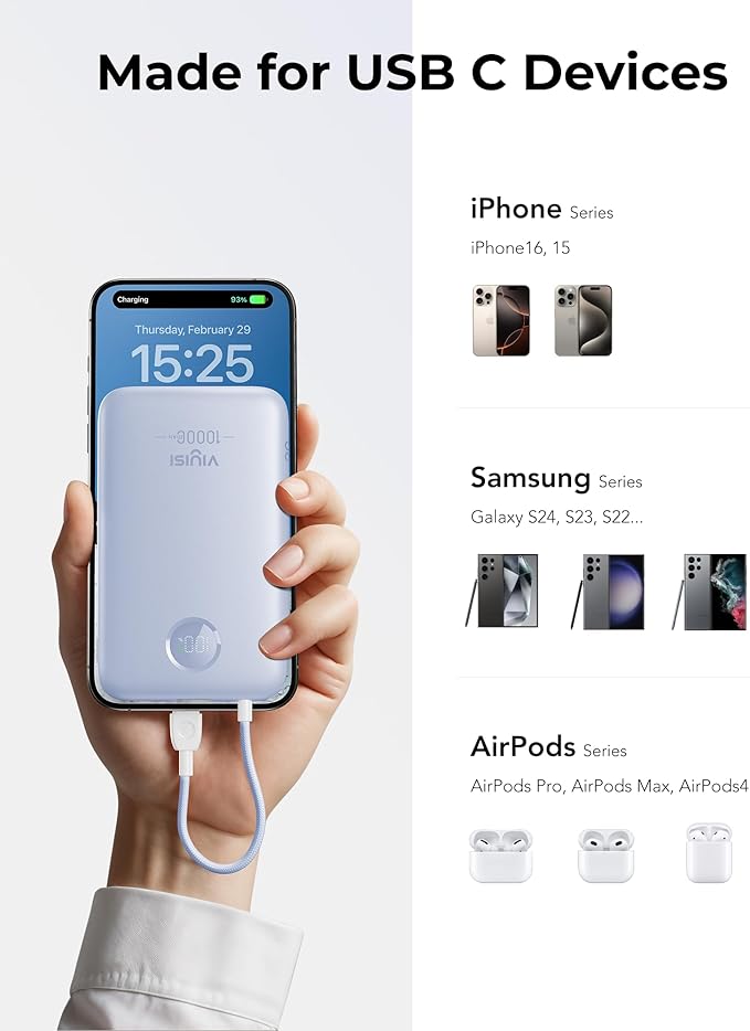 VIYISI Slim Portable Charger Power Bank 10000mAh, PD 20W Fast Charging Compact Battery Pack with Built-in USB C Cable, Travel Essential Compatible with iPhone 17 16 15, Samsung, Android - Blue