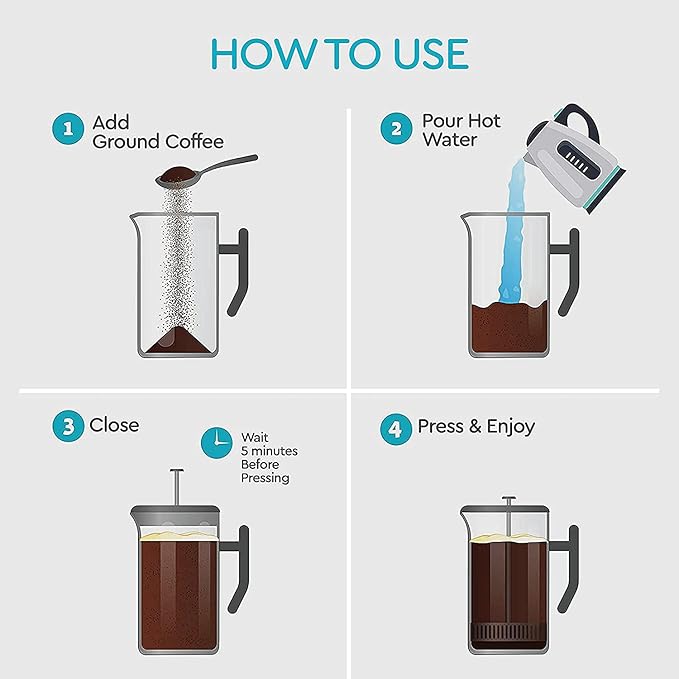 French Press Coffee Maker 34oz (1 Liter) - 304 Stainless Steel Insulated Coffee Press Maker, Double Wall Thermal, 4-Level Filtration, Includes 2 Extra Filters, Rust Resistant, Dishwasher Safe, Silver