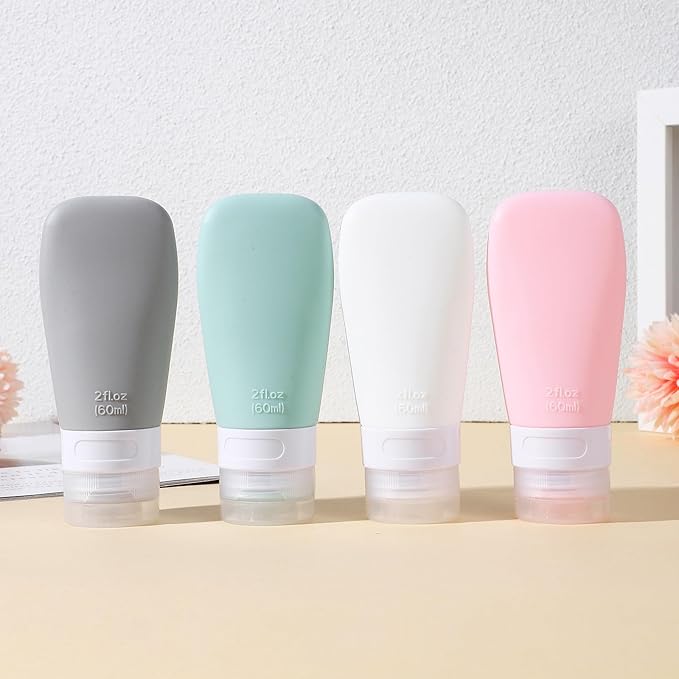 4 Pcs 60ml Travel Squeeze Bottles for Toiletries, Refillable Pvc Sample Bottles with Caps, Leakproof Dispenser Containers for Shampoo, Lotion, and Liquid Packing